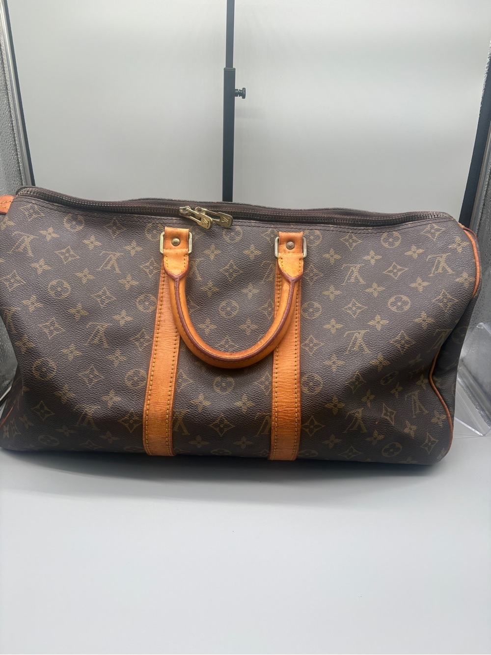Louis Vuitton keepall 45 Brown Monogram Weekender Bag with Tan Leather Trim